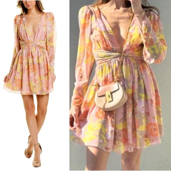 RONNY KOBO Floral Chiffon Puff Long Sleeve Pleated V-Neck Open Back Tie Dress XS - Picture 2 of 8